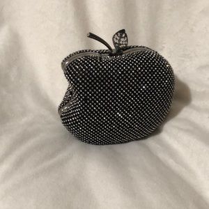 Black Bitten Apple Crystal Clutch w/ detachable chain (46”)